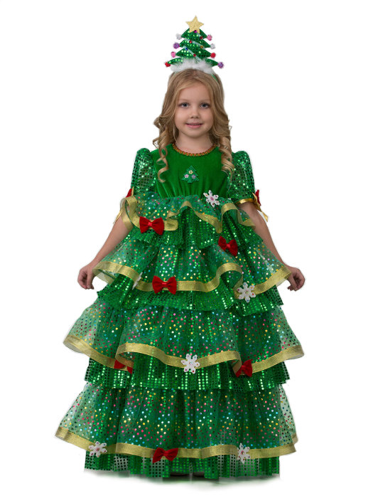 Костюм Елочка Царица 5134 Новогодний костюм Елочка Царица для для девочек от 5 до 10 лет.  В комплекте шикарное бальное платье и ободок в форме елочки​. 