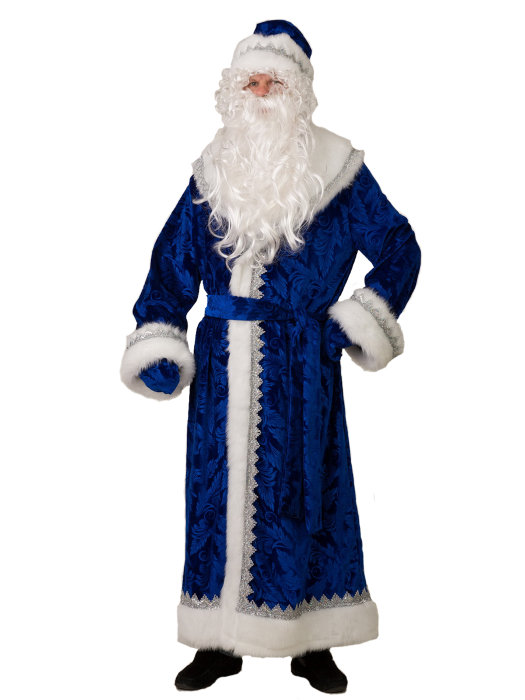 Костюм Дед Мороз велюр синий 199 Костюм деда Мороза из синего велюра с тиснением. В комплекте: шуба с поясом, шапка, рукавички, борода и парик, мешок
