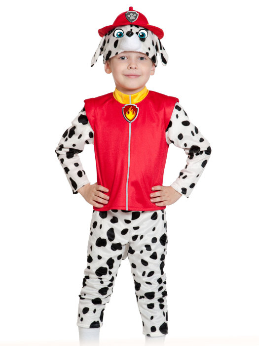 Костюм Маршалл (далматин пожарный) 88002, щенячий патруль Детский костюм далматин Маршалл (щенячий патруль), для мальчиков 3-6 лет. В комплекте: маска-шапочка из плюша и ткани, куртка-жилет из ткани с рукавами из плюша, плюшевые бриджи