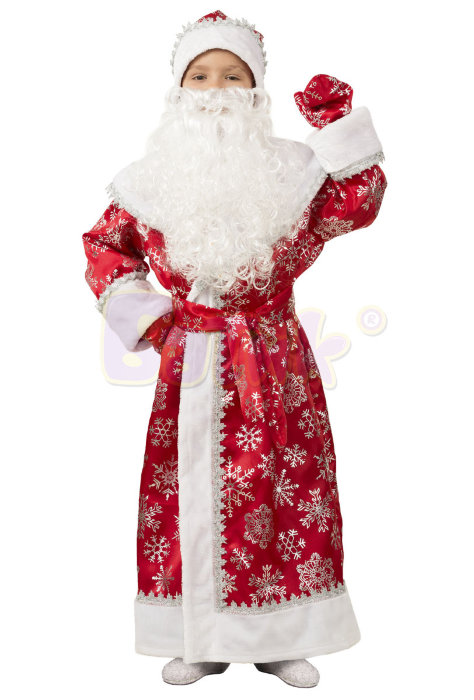 Костюм Дед Мороз детский, сатин 1206 Детский костюм на мальчиков от 5 до 10 лет. В комплекте: шуба, шапка, пояс, варежки и борода