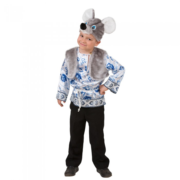 Костюм Мышонок Филипка 5012 Маскарадный костюм "Мышонок Филипка для мальчиков от 3 до 8 лет, в русском стиле, сочетание сатина и меха. В комплекте маска, жилет и рубашка из сатина