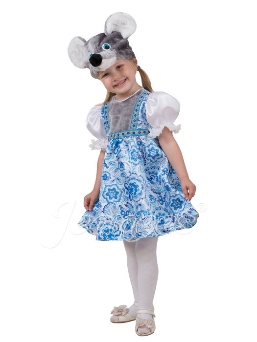 Костюм Мышка Варварка 5011 Маскарадный костюм Мышка Варварка для девочек от 3 до 8 лет, в русском стиле, сочетание сатина и меха. В комплекте маска и платье из сатина