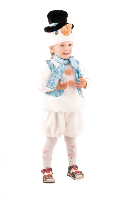 Костюм Снеговик 215 Новогодний детский костюм Снеговичка на 3-5 лет. В комплект входит: маска, безрукавка с шарфиком и шорты.
