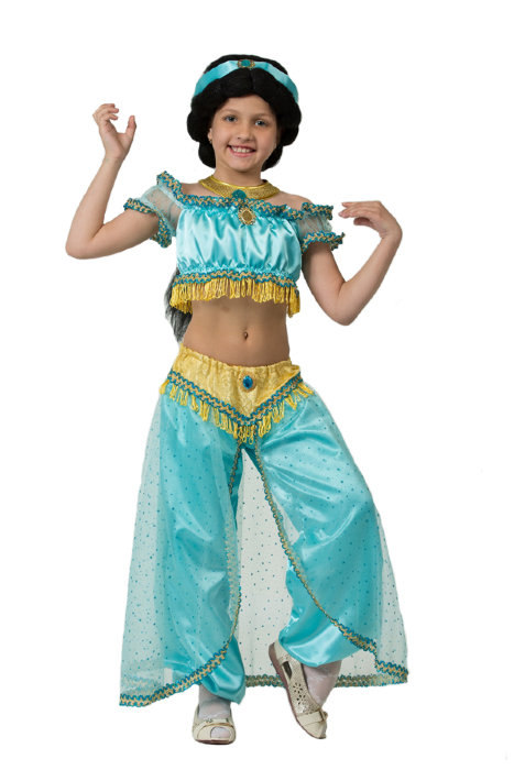Костюм Принцесса Жасмин 7066 Детский костюм восточной принцессы Жасмин. В комплекте: топ, шаровары, повязка на голову, брошь - 3шт + парик