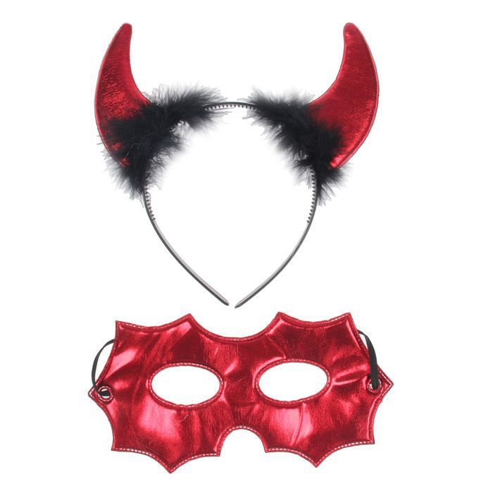 Набор Чертик, красные рожки и маска 2273875 Карнавальный ободок с красными рожками и маска для вечеринки на хеллоуин