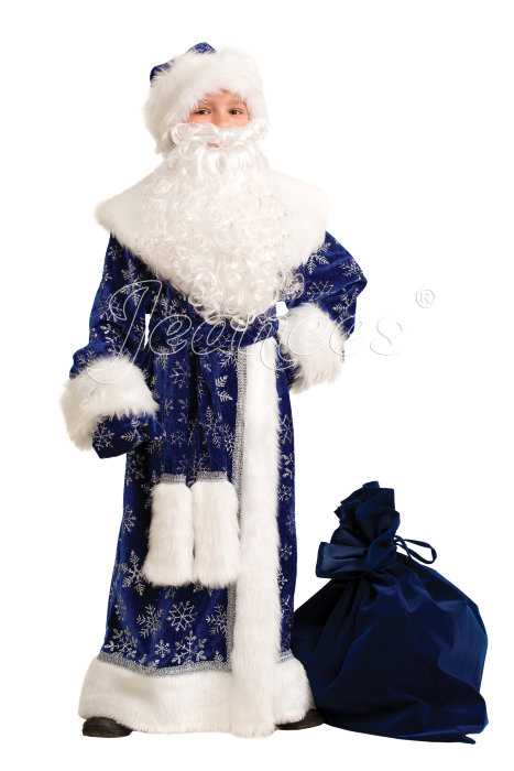 Костюм детский Дед Мороз велюр синий 5231 Детский костюм на мальчиков. В комплекте: шуба, шапка, пояс, варежки, мешок и борода