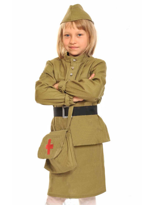 Костюм солдатка Медсестра 5103 Костюм военной медсестры для девочки. В комплекте: пилотка, гимнастерка, юбка, ремень, санитарная сумка