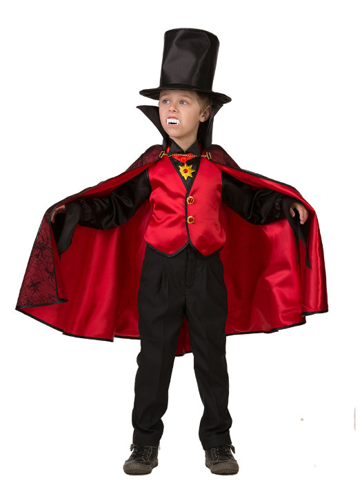 Костюм Дракула красный 8078 Детский карнавальный костюм Дракулы. В комплекте: рубашка с жилетом, плащ, шляпа, медальон-звезда.