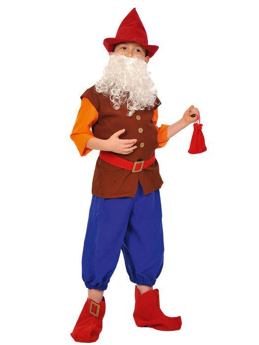 Костюм Гном Весельчак 5065 Детский костюм Гном Весельчак для мальчика 6-7 лет. В комплекте: колпак, бриджи, рубаха с накладным животом, пояс, борода, сапожки, мешочек с самоцветами
