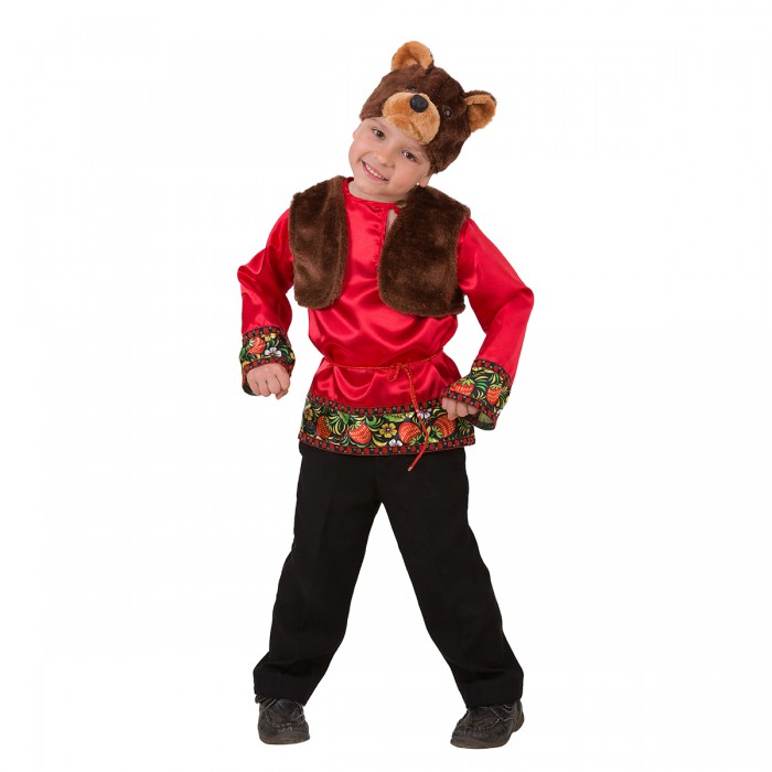 Костюм Мишка Захарка 5005 Костюм медвежонка для мальчика от 3 до 8 лет, в русском стиле, сочетание сатина и меха. В комплекте -маска, жилет и рубашка из сатина
