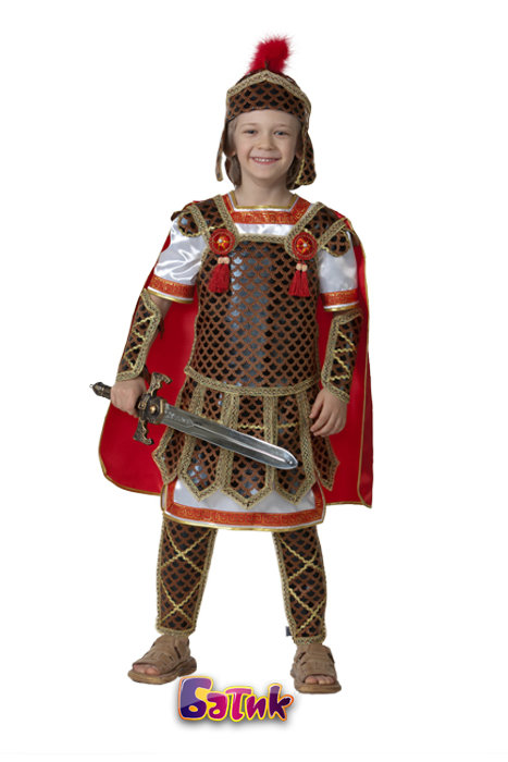 Костюм Римский Гладиатор 418 Костюм Гладиатора для мальчиков, которые любят исторических героев. В комплекте: рубаха, кольчуга с плащом, щиты рук, щиты ног, шлем + меч