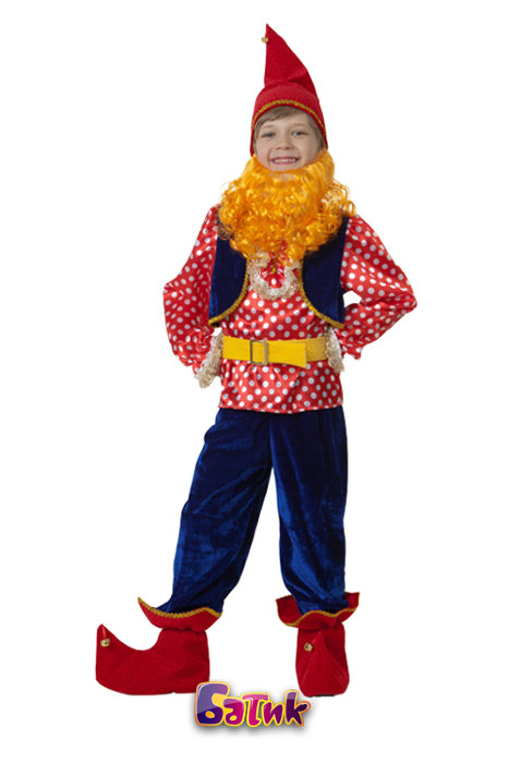 Костюм Гном Весельчак, бархат 434 Детский костюм Гнома Весельчака, в комплекте: рубаха с жилетом, брюки, колпак с бубенчиками, борода и башмаки с бубенчиками