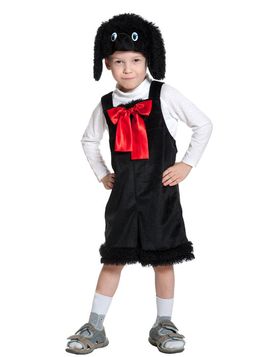 Костюм Пудель черный плюш 3103 Костюм черного Пуделя Артемона для детей 4-6 лет. В комплекте: шапочка, полукомбинезон с красным бантом.