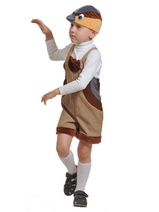 Костюм Воробей ткань-плюш 2052 Костюм Воробья для мальчиков от 3 до 5 лет на рост 92-122см. В комплекте полукомбинезон и шапочка. 