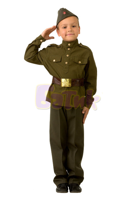 Костюм военный, Солдат 8008 Солдатский костюм для мальчиков. В комплекте: пилотка, гимнастерка, ремень, брюки. Цвет может отличаться от фото, в наличии два варианта: хаки зеленоватого и  зелено-коричневого цвета.