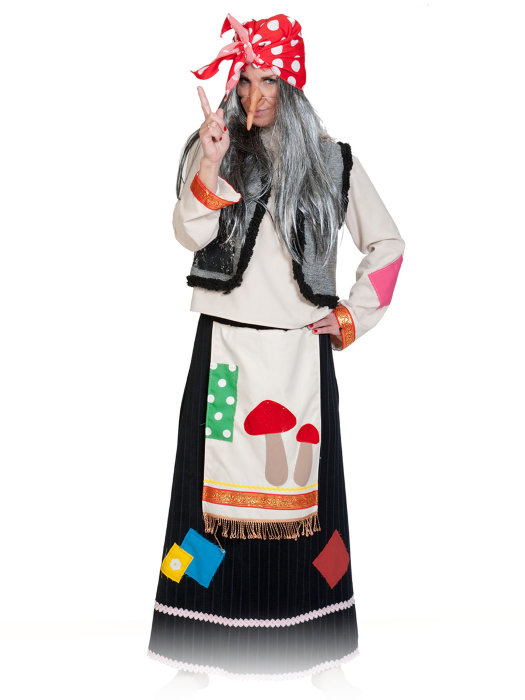 Костюм Баба Яга 1008 д/взр Женский карнавальный костюм Баба Яга. В комплекте: рубаха, юбка с фартуком, безрукавка с горбом, нос и платок с париком