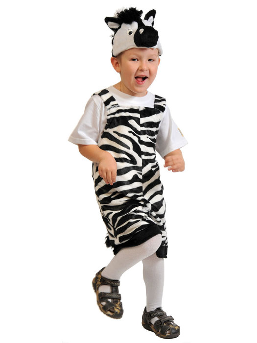 Костюм Зебра плюш 3020 Костюм маленького зебренка, детеныша зебры, для мальчиков 3-5 лет размер XS ( рост 100-110 см). В комплекте полукомбинезон и шапочка. 