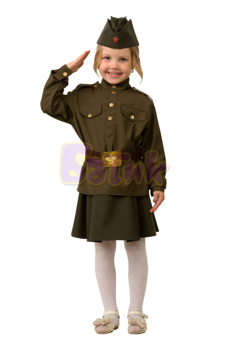 Костюм военный, Солдатка 8009 Военный солдатский костюм для девочек. В комплекте: пилотка, гимнастерка, ремень, юбка