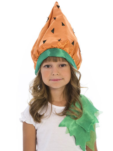 Шапочка Морковка Ве6110 Карнавальная шапочка Морковка из оранжевого крепсатина на возраст от 4 до 10 лет для праздника урожая