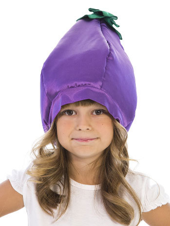Шапочка Баклажан Ве6104 Карнавальная шапочка Баклажан из фиолетовой ткани на возраст от 4 до 10 лет для праздника урожая