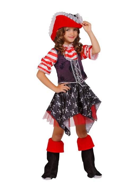 Костюм Пиратка детский Детский костюм Пиратка для смелых девочек.  В комплекте: треуголка, блуза, жилетка, юбка и сапоги
