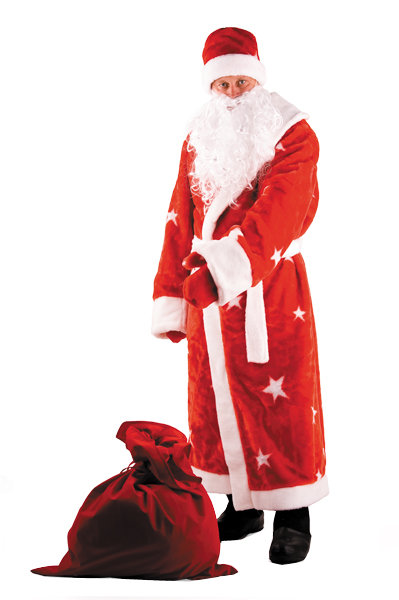 Костюм Дед Мороз мех Б-145, красный Костюм Деда Мороза мужской, состоит из шубы, пояса, шапки, варежек, бороды и мешка для подарков