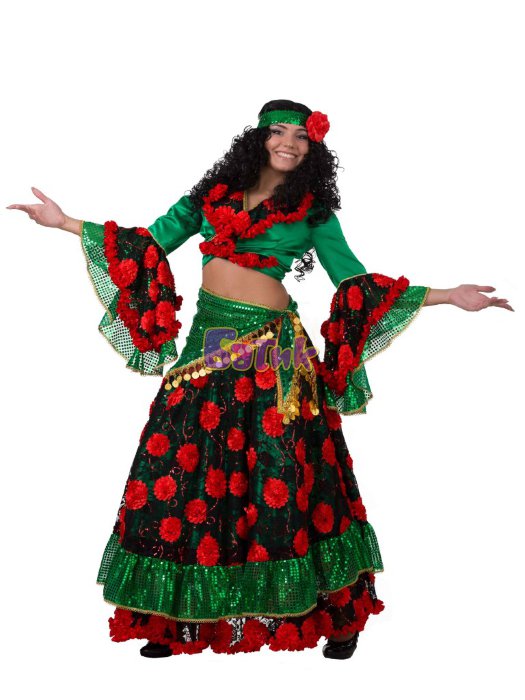 Костюм взрослый Цыганка зеленая Б-1137-4 Карнавальный костюм для взрослых - костюм Цыганки из текстильных тканей. В комплекте: блузка, юбка и косынка