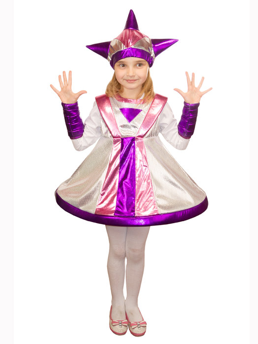 Костюм Инопланетянка А023 Костюм Инопланетянка для девочек 5-7 лет. В комплекте шапочка, платье и нарукавники.