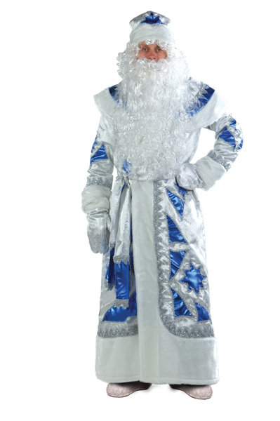 Костюм Дед Мороз серебряно-синий 161-1 Костюм деда Мороза серебряно-синий на высокий рост, состоит из шубы с поясом, шапки и бороды, рукавиц и мешка