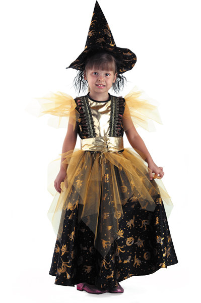 Костюм Ведьма Золотая Б-930 Детский костюм Ведьмочки на хеллоуин. В комплекте: платье и колпак с волосами