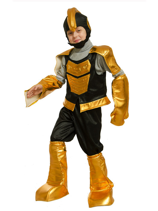 Костюм Робот золотой Костюм Трансформер золотой. В комплекте: шлем, кофта, нарукавники, штаны и наколенники. Выпускается в размерах 28, 32 и 36