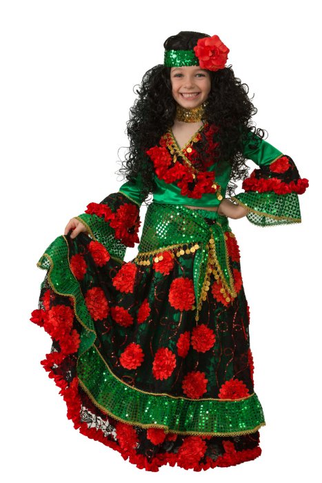 Костюм Цыганка гадалка, зеленая 5101-4 Детский карнавальный костюм для девочки - костюм Цыганка гадалка из текстильных тканей. В комплекте: блузка, юбка и косынка