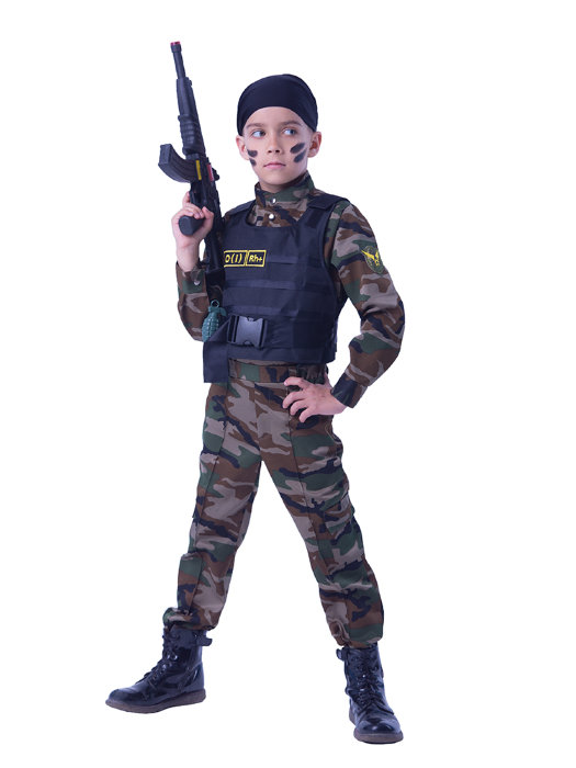 Костюм военный Спецназ 2051 Детский военный костюм Спецназ для мальчиков. В комплекте: рубашка, брюки, бронежилет, бандана, автомат