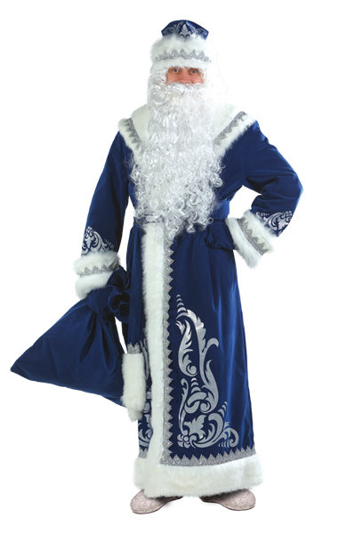 Костюм Дед Мороз аппликация синий 146-1 Костюм Деда Мороза синий, размер 54-56. В комплекте: шуба, шапка, пояс, варежки, борода, мешок