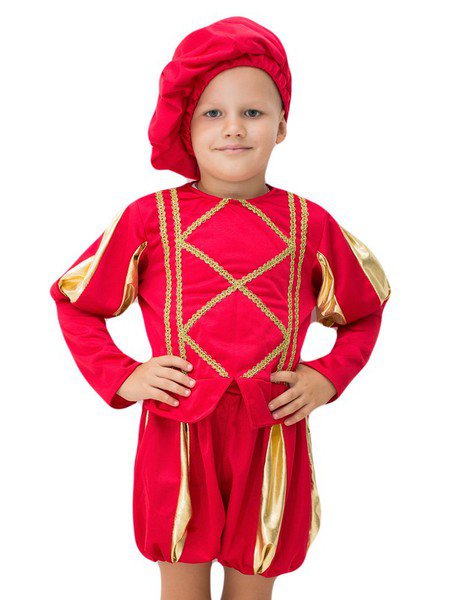 Костюм Принц красный трикотаж Костюм Принц для мальчиков, выпускается в двух размерах:  3-5 лет ( рост 104-116 см), 5-7 лет (рост 122-134 см). В комплекте: берет, кофта с отделкой золотой тесьмой, шорты