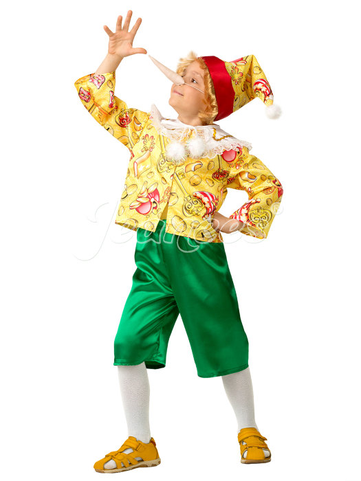 Костюм Буратино сказочный 5210 Костюм Буратино, любимого сказочного персонажа. В комплекте: куртка, шорты, колпак с волосами, нос