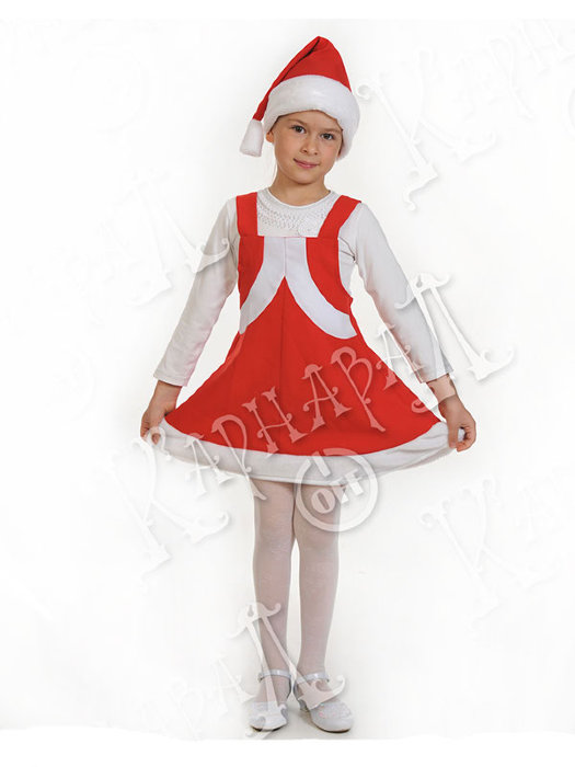 Костюм Мисс Санта ткань-плюш 2045 Мисс Санта - детский костюм для девочки 3-6 лет на рост 100-125см. В комплекте сарафан и колпачок