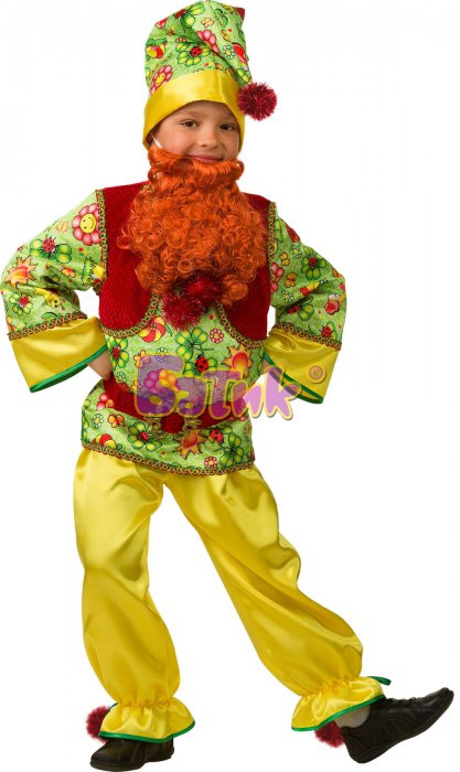 Костюм Гномик сказочный 5204 Яркий детский карнавальный костюм сказочного гнома. В комплекте:рубаха с жилетом и животиком, брюки, колпак, пояс, борода