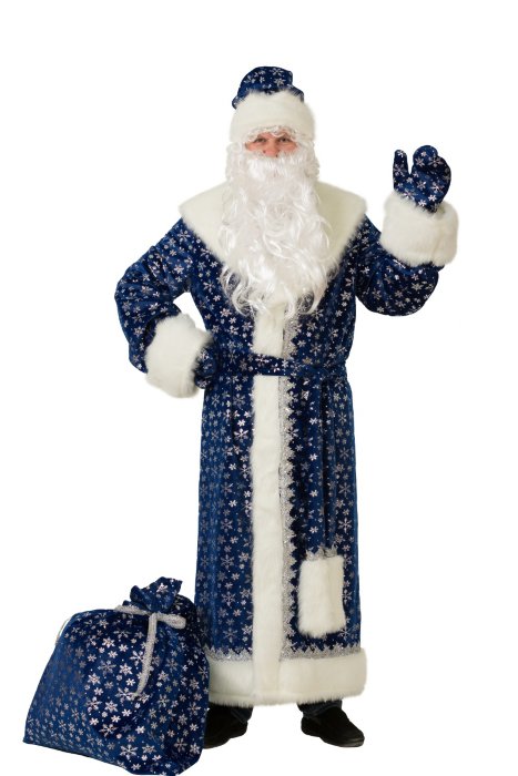Костюм Дед Мороз плюш, синий 184-1 Костюм Деда Мороза мужской новогодний из синего плюша. В комплекте: рукавицы, борода, пояс, пышная шапка и шуба