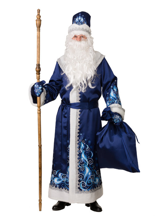 Костюм Дед Мороз сатин аппликация 5351 Костюм деда Мороза из синего сатина с аппликацией. В комплекте: шуба с поясом, шапка, рукавички, борода и парик, мешок для подарков