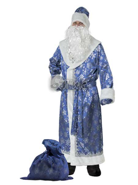 Костюм Дед Мороз сатин синий 188-1 Мужской костюм Деда Мороза из синего сатина. В комплекте: шуба, шапка, варежки, борода и мешок