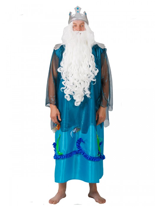 Костюм морского царя Нептун мужской Мужской костюм царя Нептуна размер 48-52. В комплекте: платье, белая борода, парик, корона, трезубец