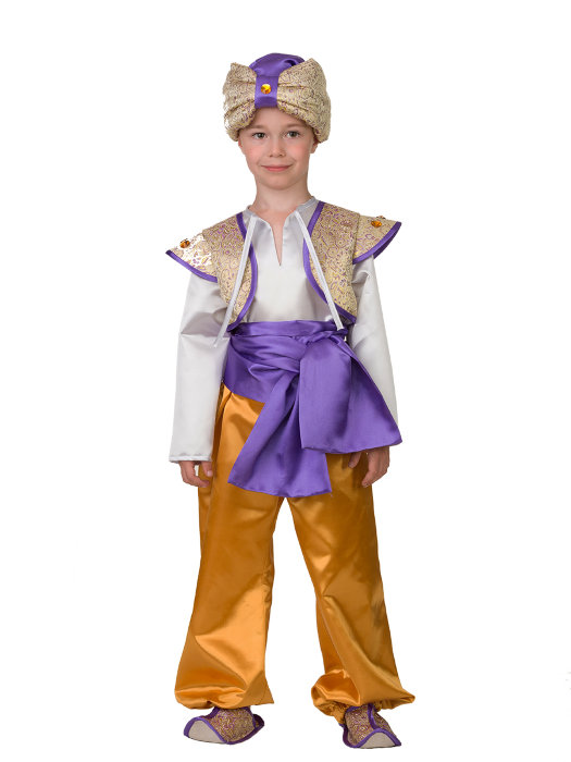 Костюм Аладдин 8099 Детский восточный костюм Аладдина состоит из рубахи с жилеткой, штанов, туфель пояса, тюрбана