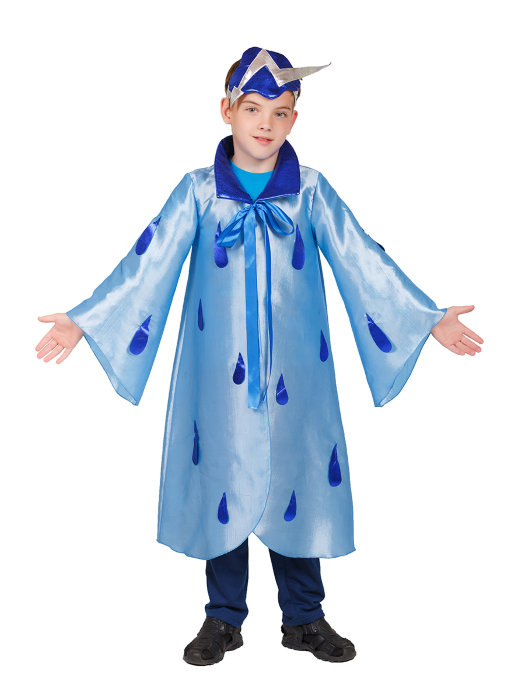 Костюм Дождь Детский костюм Дождь для театральных постановок для мальчиков 6-8 лет. В комплекте синяя накидка и шапочка с грозовой молнией