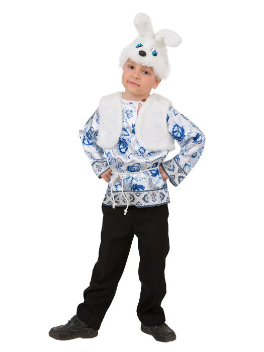 Костюм Зайчик белый Ванятка 5003 Детский костюм зайчика в русском стиле для мальчика. В комплекте: маска(шапочка), жилет и рубашка.