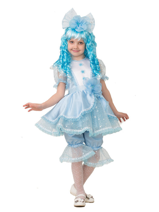 Костюм Мальвина 8046 Костюм Мальвины с голубыми волосами для девочек от 3 до 10лет, в комплекте платье, панталоны, бант, парик