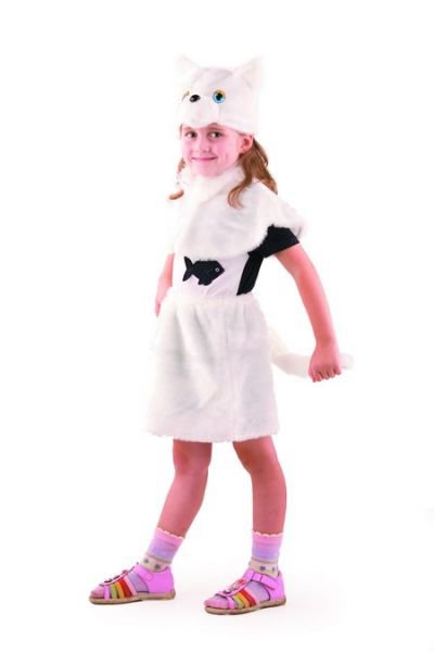 Костюм Кошка белая 109 Детский карнавальный костюм кошечки. В комплекте шапочка, пелеринка и юбка