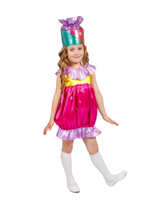 Костюм Хлопушка А205 Карнавальный костюм Хлопушка для девочки 4-5 лет. В комплекте: шапочка, платье. (размер шапочки в объеме - 51см)