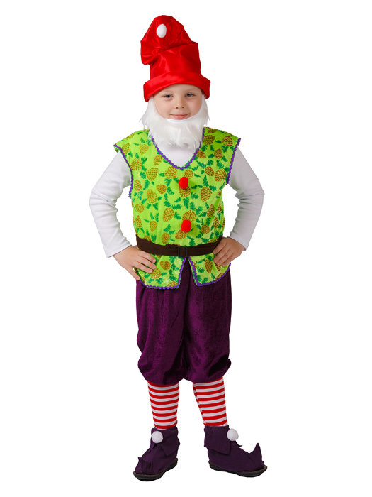 Костюм гном Гномик-2 Чудесный костюм Гномика для мальчика 4-5 лет. В комплекте: колпачок, борода, жилет, ремень, штанишки, гетры, сапожки