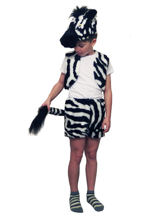 Костюм Зебра С1100 Костюм полосатой Зебры для мальчиков и девочек 4-8 лет, в комплекте жилет и шапочка, а также шорты с хвостиком для мальчиков  или юбочка с хвостом для девочек.